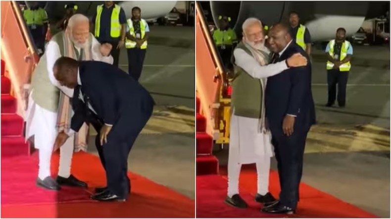पापुआ न्यू गिनी पहुंचे PM मोदी, प्रधानमंत्री जेम्स मारापे ने पैर छूकर किया भव्य स्वागत