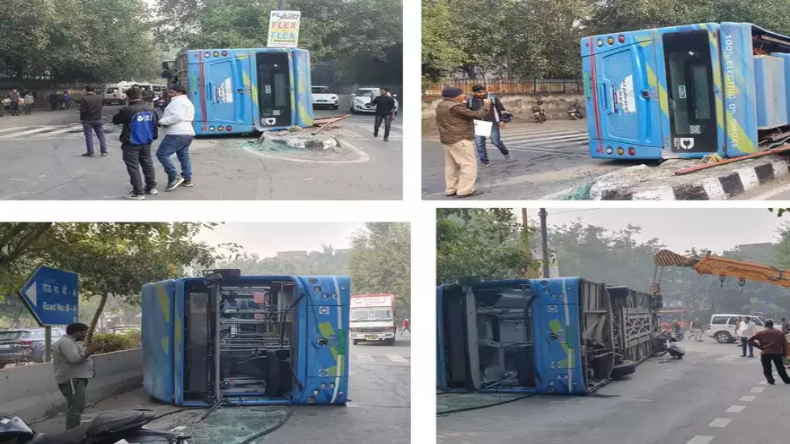 Delhi DTC Bus: दिल्ली के रोहिणी में DTC की इलेक्ट्रिक बस पलटी, कई लोग घायल