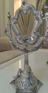 Gift to First Lady of France EXQUISITE SILVER HAND-ENGRAVED TABLE MIRROR WITH FLORAL AND PEACOCK MOTIFS