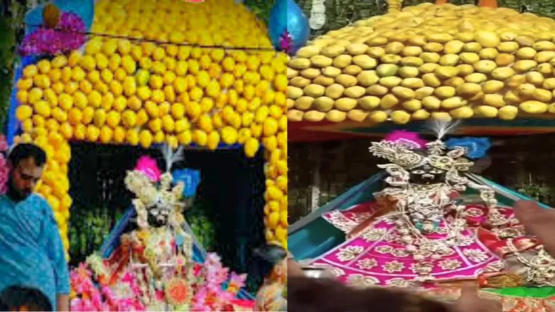 आम के सीजन से पहले सजाया गया, 20 क्विंटल आमों से बांके बिहारी का दरबार, देसी और विदेशी फूलों का भी किया गया प्रयोग