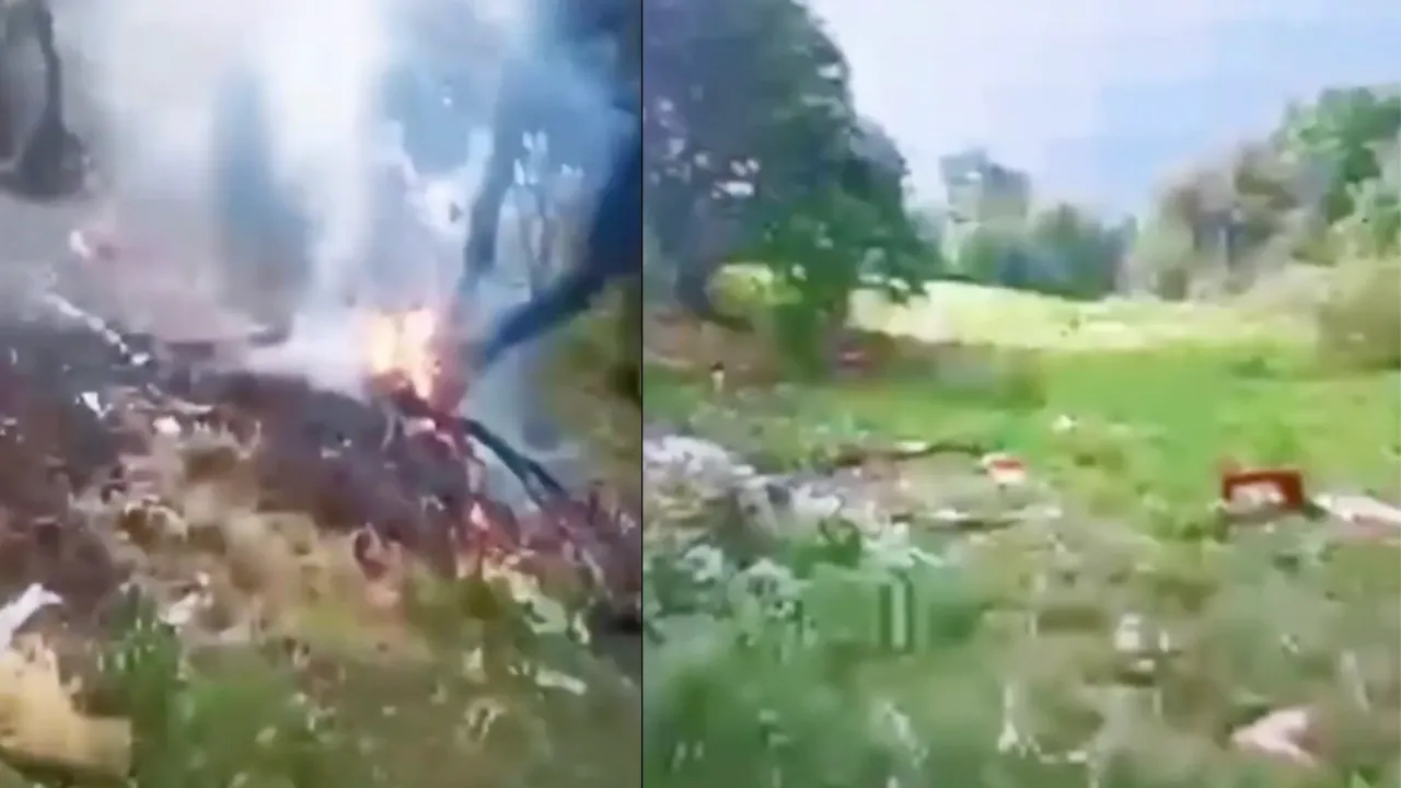 हेलिकॉप्टर से उठती आग की लपटें, चारों तरफ बिखरे मलबे, हादसे का वीडियो देख अंदर तक हिल जाएंगे आप
